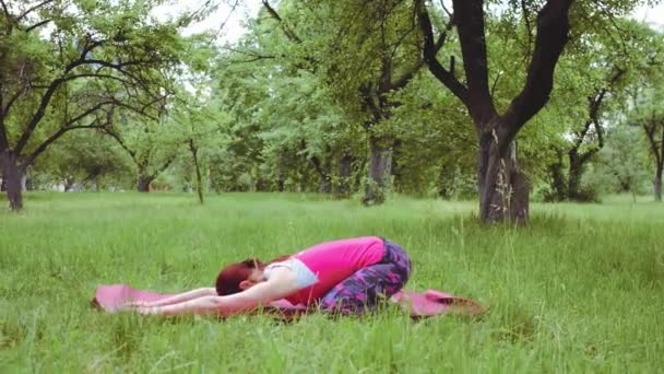 Istruttore di yoga all'aperto praticare Salabhasana o locuste Pose prepara efficacemente i principianti per backbends più profondi. Concetto sportivo. Prore 422 — Video Stock