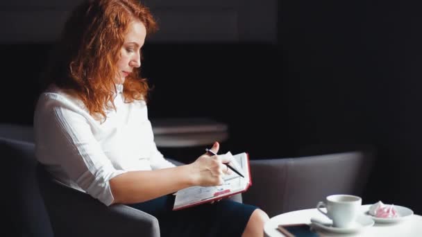 Zakenvrouw maakt notities met dagboek in haar hand, vrouw op zoek naar thru notities vergelijken agenda ingangen tijdens het zitten in een stoel van een gezellig café. Prores 422 — Stockvideo