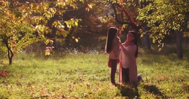 แม่ดูแลลูกสาวของเธอยืนคุกเข่าใต้ต้นไม้ที่สวนฤดูใบไม้ร่วงท่ามกลางต้นไม้ที่มีสีทองเทพนิยายที่มีสีสัน ฟิล์มสี ครอบครัวคอนเซ็ปต์ พรอเรส 422 — วีดีโอสต็อก