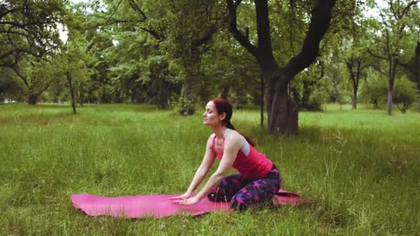 Yogalehrerin Mädchen zeigt Stretchübung im Freien im Park oder Garten erfordert viel Flexibilität, um so tief zu verdrehen und die hintere Ferse zu erden. Prores 422 — Stockvideo