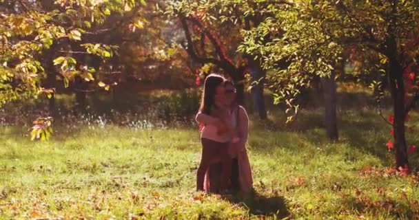 Madre ponerse de rodillas en frente hija abrazándose juntos en el parque de otoño entre los árboles con un colorido cuento de hadas de color dorado. Imágenes teñidas. Copiar espacio. Concepto familia. Prores 422 — Vídeos de Stock