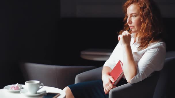 Pensativa mujer de pelo rojo freelance sosteniendo diario en su mano, teniendo una mirada meditativa mientras está sentada en una silla de un acogedor café. Prores 422 — Vídeo de stock