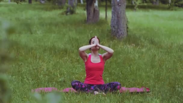 Йога-дівчинка практикує вправи з диханням, піднявши руки на відкритому повітрі в парку або саду. Збереження гнучкості і стабільності суглобів стегна має вирішальне значення для здоров'я нижчих спин. Проходить 422 — стокове відео