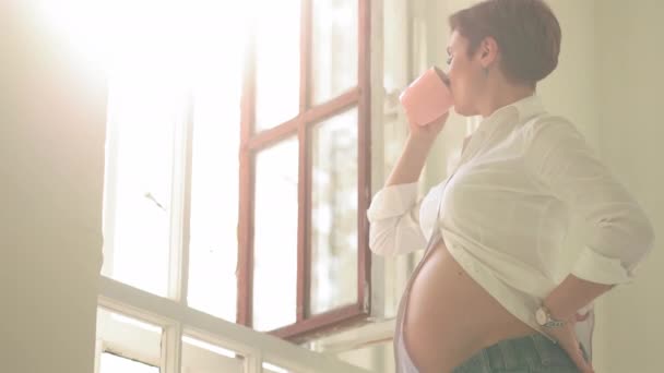 Mladá těhotná žena, která odpočívá u okna a dotýká se břicha. Mladá žena se přiblíží k oknu a čeká dítě, které pije čaj. Šťastná těhotná běloška doma. Prores 422 — Stock video