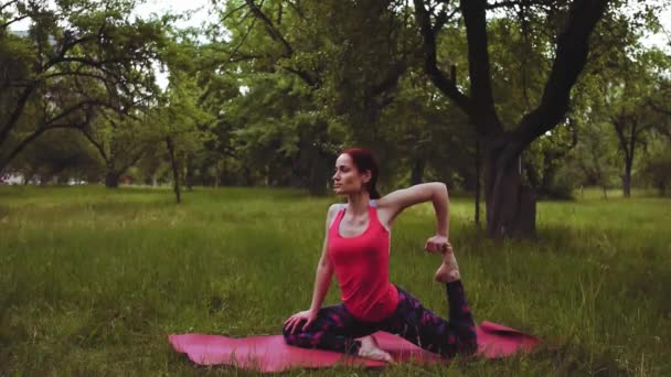 Yoga trainer ragazza mostrando kapotasana re piccione che si estende posa praticando all'aperto nel parco o in giardino. Una posa incredibile per allungare tutto il corpo dalle caviglie, cosce, addome, petto. Prore 422 — Video Stock