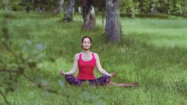 Yoga kızı meditasyon yaparken nefes alma tekniği uyguluyor lotus pozisyonunda oturuyor dışarıda parkta ya da bahçede egzersiz yapıyor. Kamera kaydırağı 422