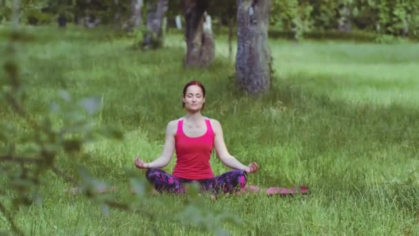 Yoga menina realizando meditação respiração técnica sentado em uma posição de lótus exercícios ao ar livre no parque ou jardim. Corrediça da câmera Prores 422 — Vídeo de Stock
