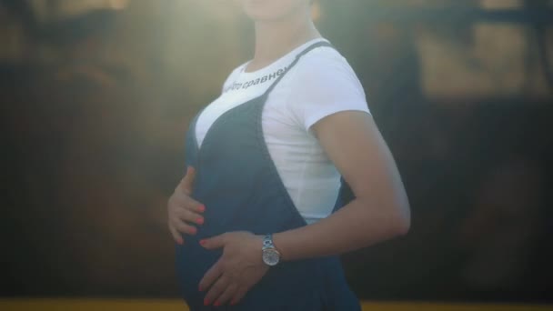 美丽的孕妇站在路边等着丈夫接她去按摩肚子。一个矮小的女人怀孕了。Prores 422 — 图库视频影像
