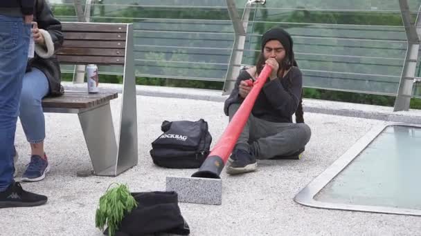 Músico de rua tocando no didgeridoo na ponte a pé do outro lado da estrada com lados de vidro. Pessoas a dar dinheiro a um músico de rua. Maio de 2020. Kiev, Ucrânia. Linha de som incluída. Prores 422 — Vídeo de Stock