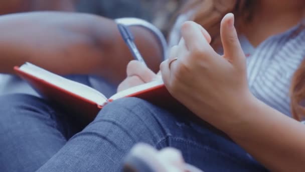 Okulun ilk gününden sonra bir grup birinci sınıf öğrencisi açık havada oturup ders notları okuyor ve tartışıyorlar. Kapalı bilgisayarla kitap okuyan yeni arkadaşlar. Prores 422 — Stok video