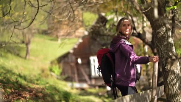 Жінка стоїть біля дерева. ходить у чудовий день у осінніх горах Карпат умиротворення душі врівноважена психіка — стокове відео