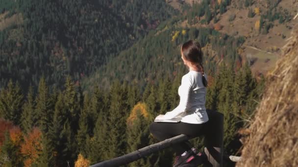 Mujer examina el panorama de las montañas descanso, montañas, meditación, salud, persona segura, psique saludable, equilibrio, descanso en la granja, en las montañas, sol de la mañana — Vídeos de Stock