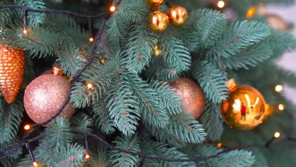 Posting kamera video sepanjang bagian dari pohon Natal dihiasi untuk liburan. Ada karangan bunga di pohon dan bola tergantung. — Stok Video