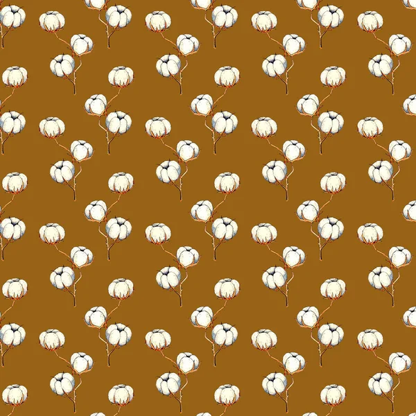 Watercolor Image Branch Cotton Brown Background Seamless Pattern Textiles Wrapping — Stock Photo, Image