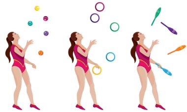 Sopaları, yüzükleri ve topları olan hokkabazlar. Kadın sirk karakterleri.