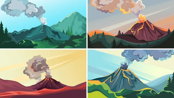 Set Active Volcanoes Wild Beautiful Nature Sceneries — Stock Vector