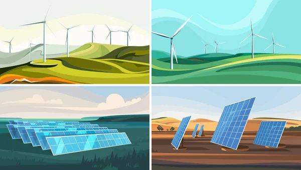 風力発電所や太陽光パネル付きの風景のセット 代替エネルギー — ストックベクタ