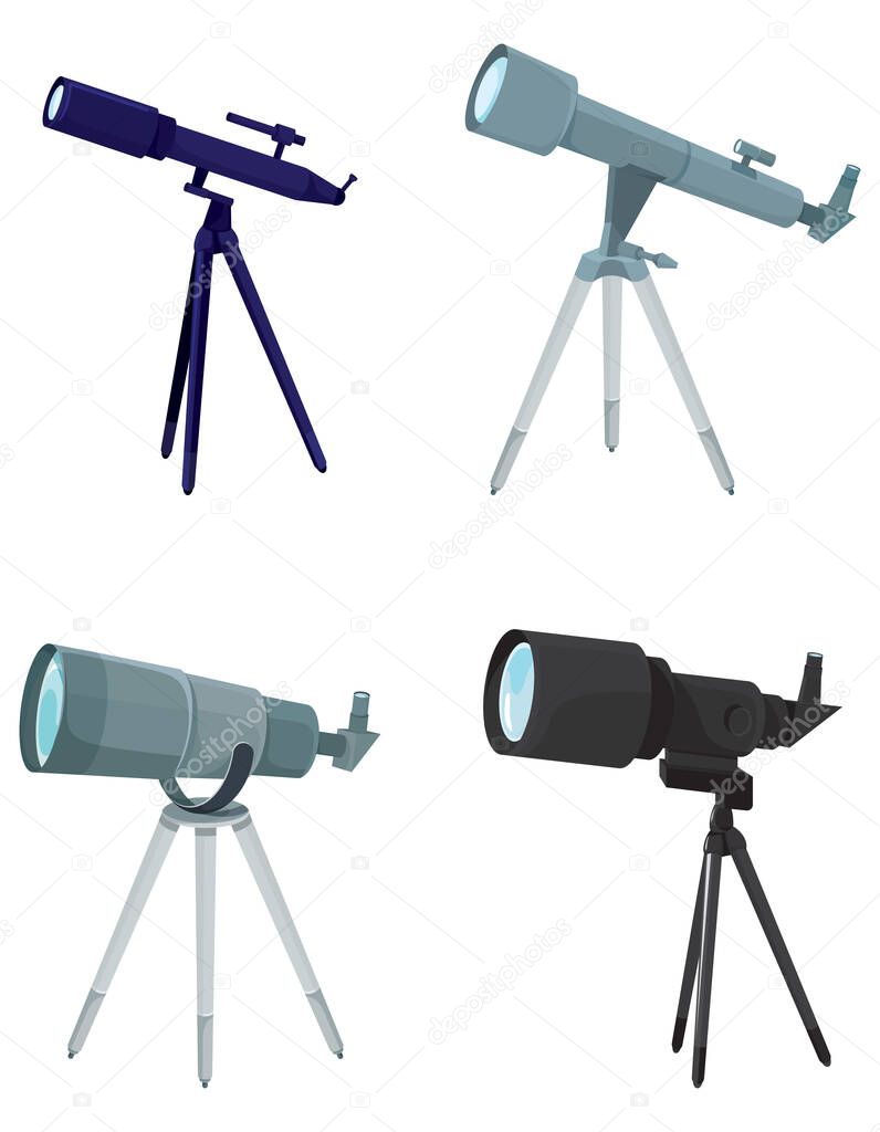 Set of different telescopes. Optical equipments in cartoon style.