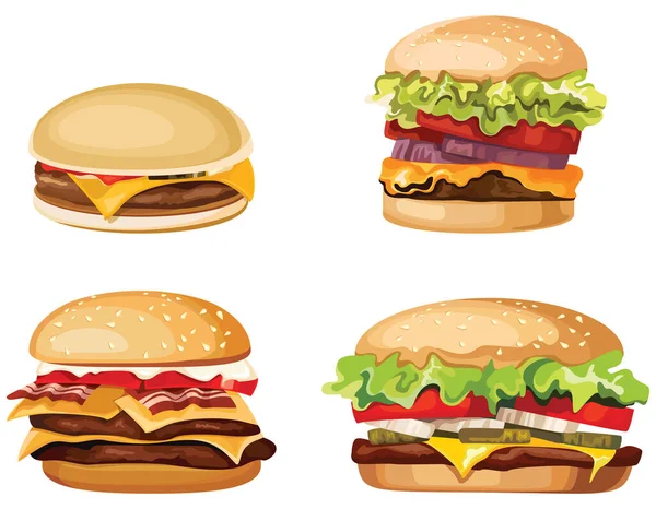 Set Burger Yang Berbeda Makanan Cepat Saji Dalam Gaya Kartun - Stok Vektor