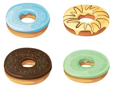 Farklı dolgulu çörekler. Çizgi film tarzında lezzetli hamur işleri..