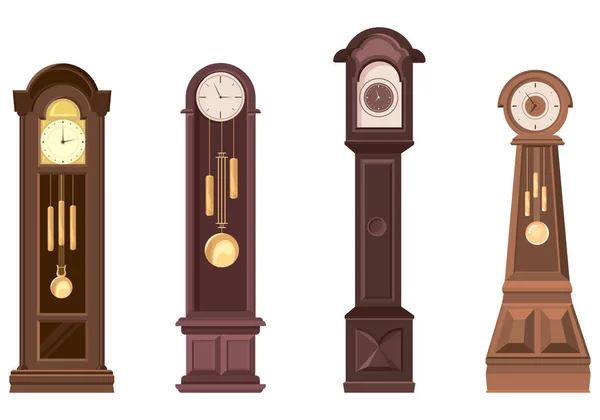 Conjunto Relojes Abuelo Hermosos Objetos Vintage Estilo Dibujos Animados — Vector de stock