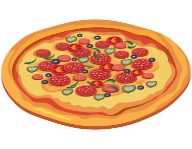 Domatesli salamlı pizza, salatalık ve zeytin. Çizgi film tarzında İtalyan fast food..