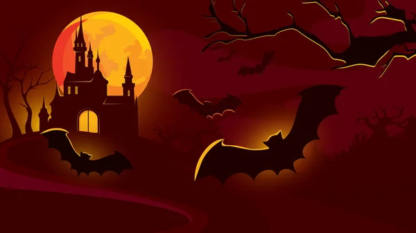 Fondo Halloween Con Castillo Murciélagos Voladores Escena Nocturna Aterradora — Archivo Imágenes Vectoriales