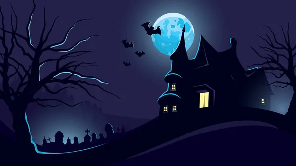 Хэллоуин Фон Замком Кладбищем Ужасная Ночная Сцена — стоковый вектор