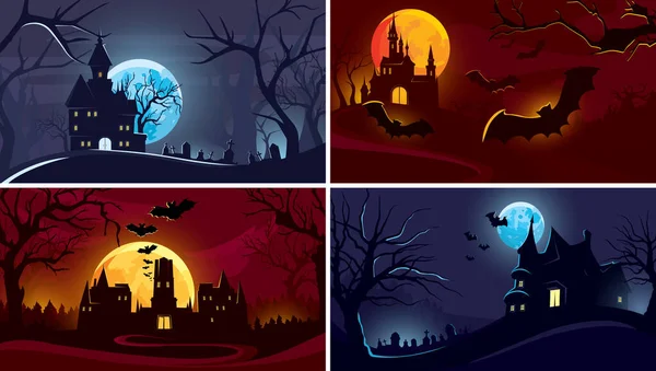 Set Halloween Backgrounds Castles Moonlight — Stock Vector