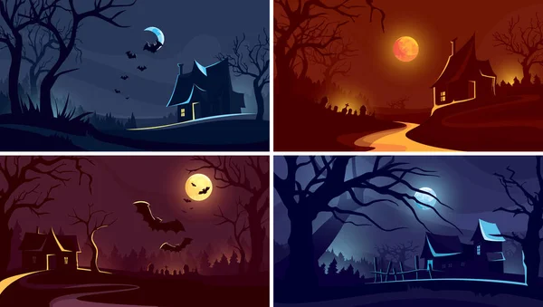 Collection Halloween Backgrounds Old Houses Dark Forest — Stock Vector