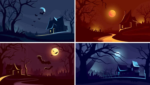 Halloween Hátterének Gyűjteménye Régi Házak Sötét Erdőben — Stock Vector