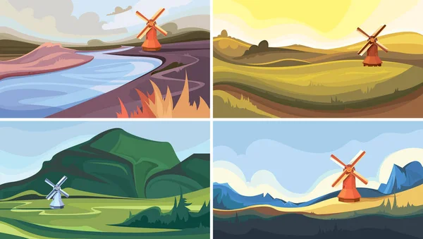 Colección de paisajes con molino de viento. — Vector de stock