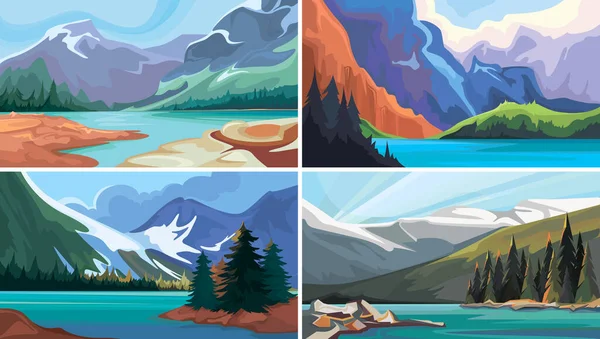 Συλλογή Καναδικών Τοπίων Τυρκουάζ Λίμνες Στα Βουνά — Διανυσματικό Αρχείο