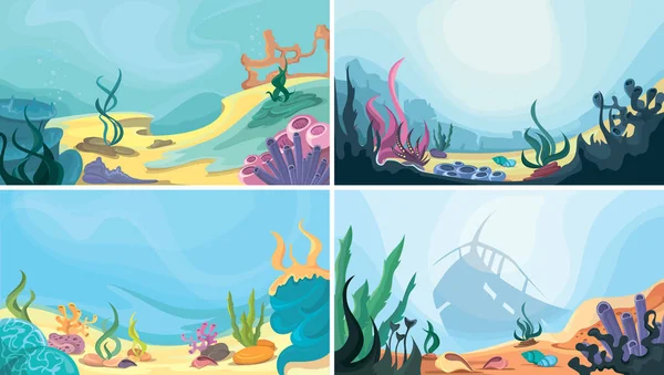 Collection Underwater Landscapes Ocean Floors Cartoon Style — Stock Vector