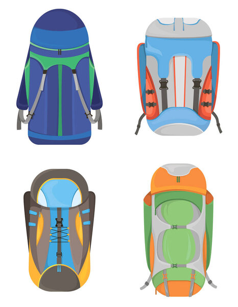 Set of camping backpacks. Travel bags in cartoon style.