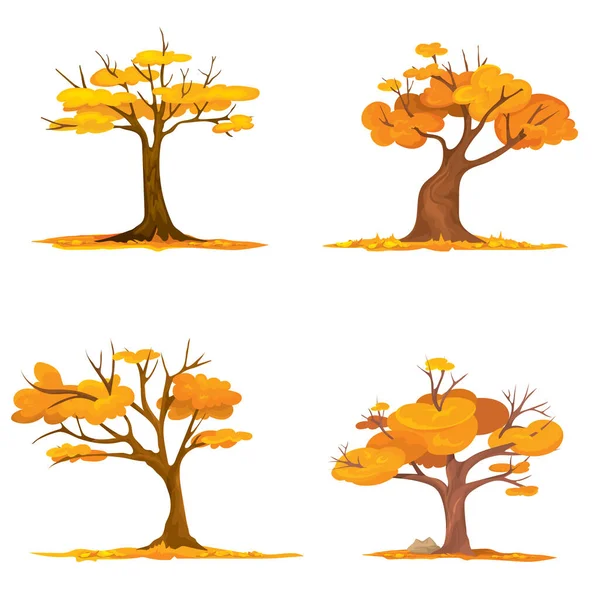 Set Trees Falling Leaves Illustrations Early Autumn — Stock Vector