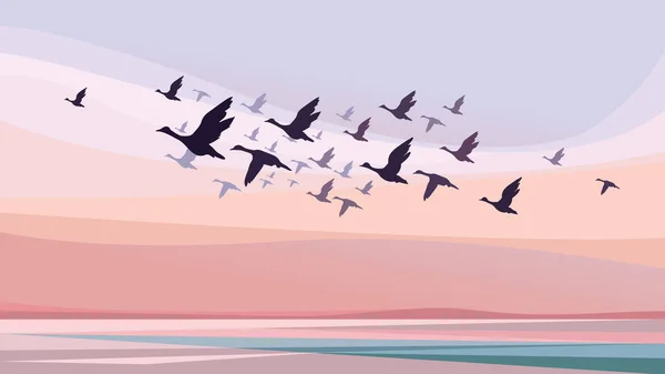 Flyttande Fåglar Vid Solnedgången Djurlivslandskap — Stock vektor