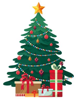  Madalyalı Noel ağacı. Çizgi film tarzında hediye kutuları olan güzel bir ladin..
