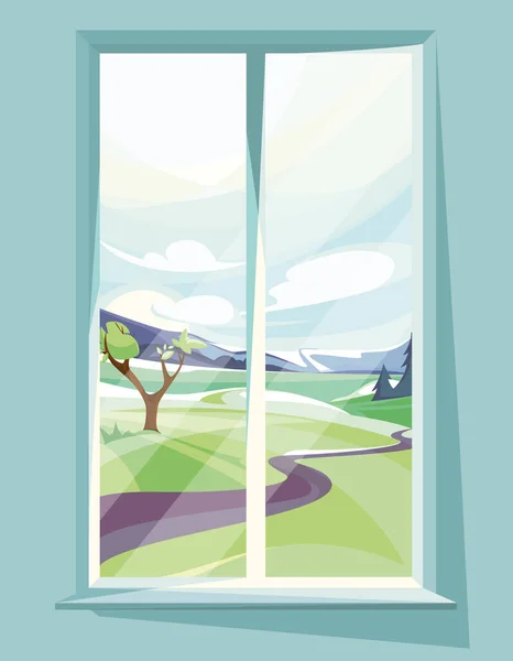 Spring Landscape Window Beautiful Nature Scenery — Stock Vector