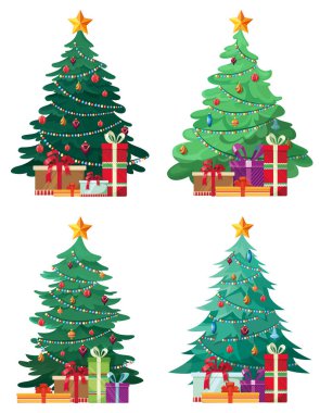 Farklı noel ağaçları seti. Çizgi film tarzında güzel püsküller.