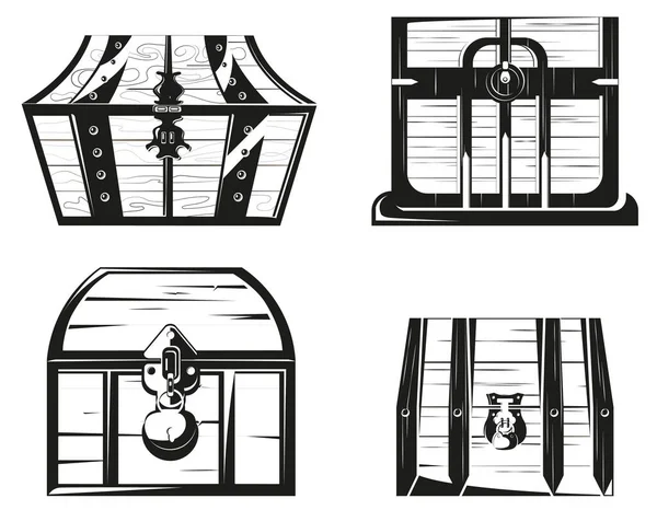 Set Wooden Chests Vintage Objects Monochrome Style — Stock Vector