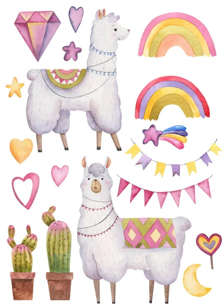 set of llama and alpaca and decor, rainbow hearts, cacti and diamond on a white background