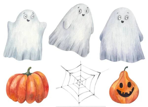 Uppsättning Halloween Spöken Spindelnät Pumpor Akvarell Illustration För Barn Vit — Stockfoto