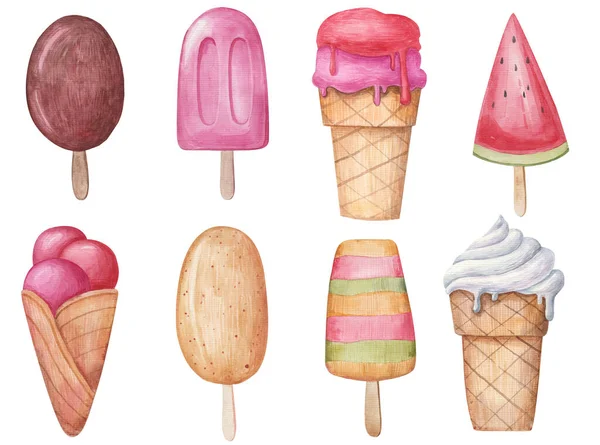 Farklı tipler, dondurma seti, tahta bacak ve bardakta, beyaz arka planda resim.