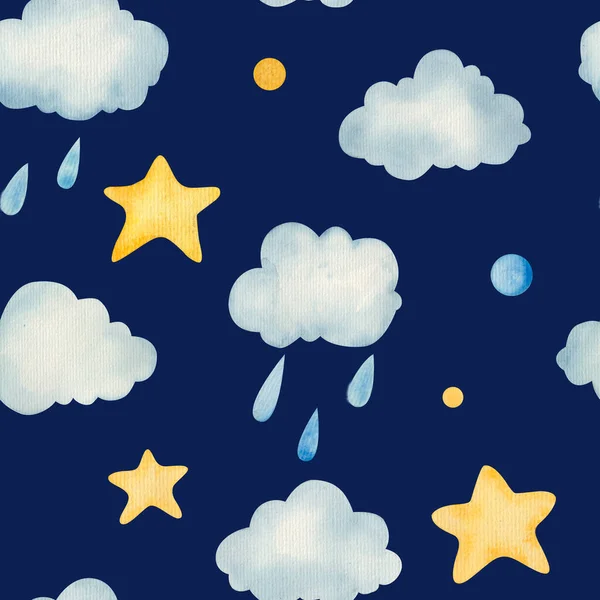 pattern with clouds and rain and stars watercolor illustration childish design on dark blue background