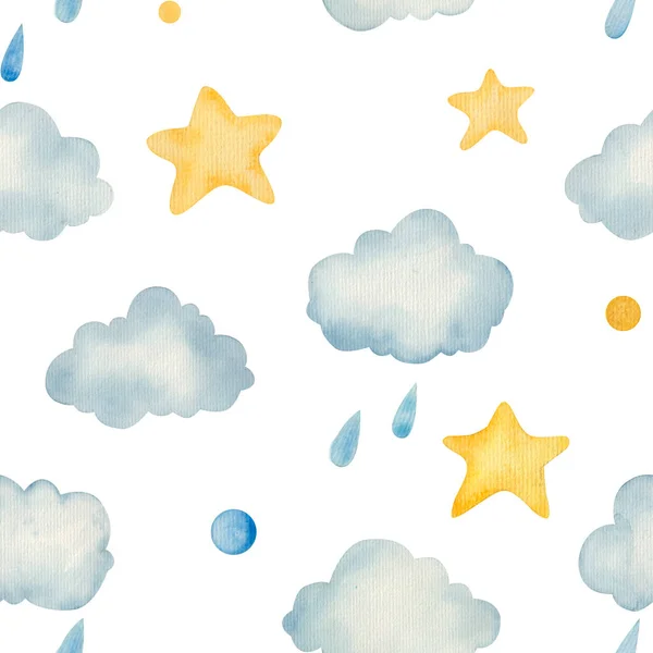 pattern with clouds and rain and stars watercolor illustration childish design  background