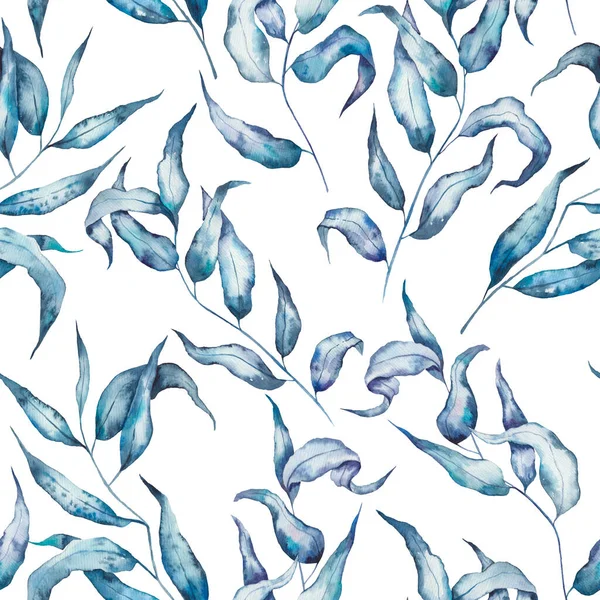 青いユーカリの水彩画の葉と枝のパターン — ストック写真