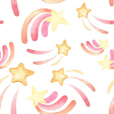 Altın yıldızların kaydığı sevimli bir arka plan. Hediye paketi kağıdı, kumaş, giysi, tekstil, yüzey dokuları, albüm defteri, Noel yıldızı için kusursuz desen dekorasyonu.