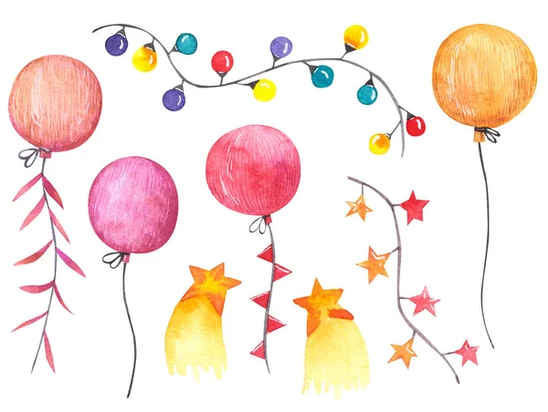 Feestelijke Set Voor Verjaardag Feestdagen Ballen Slingers Aquarel Illustratie Witte — Stockfoto