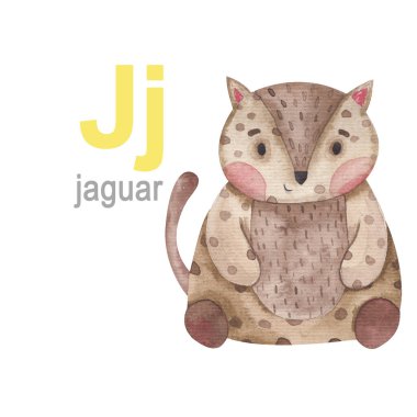 Beyaz arkaplandaki j harfli hayvan alfabesi çizimi suluboya jaguar seti